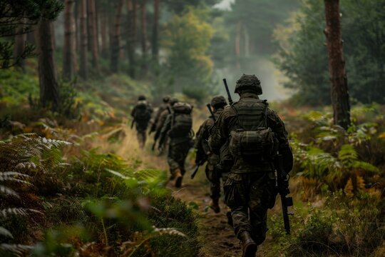 Military troops advancing stealthily in forest using special tactics