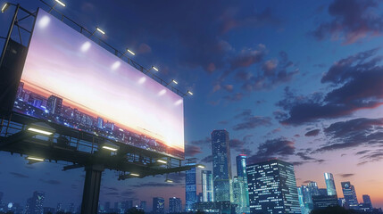 Spotless advertising space on a billboard with a city skyline at night, ideal for high-definition mockups.