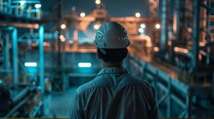 An engineer wearing a hard hat is looking at an industrial plant.