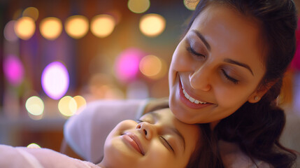Against the backdrop of a vibrant shopping district, a close-up shot captures the delighted expressions of a mother and daughter as they indulge in a pampering session at a beauty