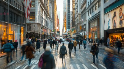 In the heart of the downtown district, pedestrians move with purpose and determination along busy thoroughfares, their movements a blur of activity against the backdrop of towering