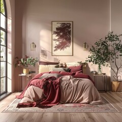 A bedroom with a red wall and a white curtain