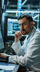 Obraz premium Thoughtful Engineer in a Modern Electronics Factory Harnessing AI for Automation and Analysis