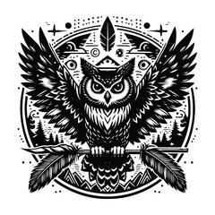 black owl vector illustrator, white background. can be used for emblem, t-shirt, marchendise and more