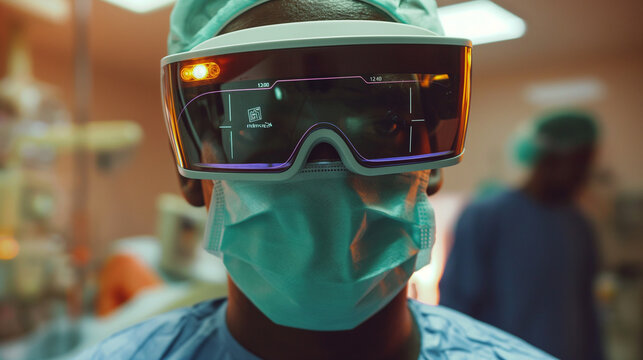 A surgeon dons augmented reality glasses, their field of view overlaid with vital patient information and real-time imaging data, enhancing precision and reducing surgical risks to