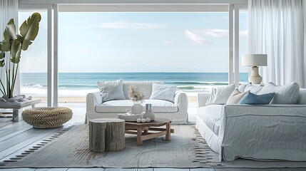 Tranquil coastal retreat living room with panoramic ocean views, showcasing a linen slipcovered sofa, driftwood accents, and a soothing color palette inspired by the sea for ultimate relaxation