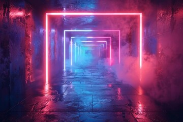 An abstract 3D animation featuring a continuous loop of neon red and blue frames in the background.