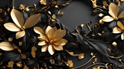 3D render, 3D illustration, luxury background, black and gold, flowery shapes, black silk texture with golden embellishments, 4k abstract beautiful design