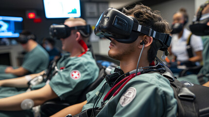 Equipped with VR headsets, emergency medical technicians participate in immersive scenario-based training, practicing rapid assessment and intervention techniques to deliver life-s