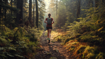 Fototapeta premium Amidst the tranquility of a forest clearing, a woman goes for a trail run, her strides powerful and purposeful as she navigates rugged terrain, feeling the exhilarating rush of fre