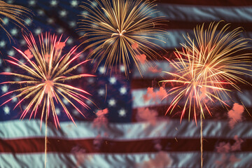 excitement and wonder of a fireworks against the backdrop of the night sky. American flag in the background, illuminated by bursts of colorful fireworks. Dramatic and visually stun