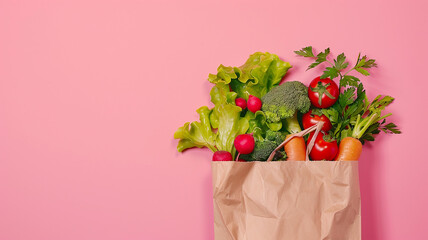 Healthy food in a paper bag on pink background
