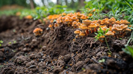 Vibrant orange fungi thriving in rich forest soil