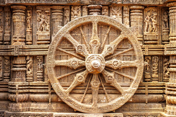Big stone wheel of the Sun temple in Konark, Odisha, India, Asia