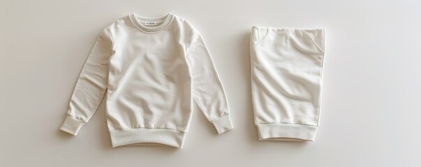 Kids pajamas mockup, A neatly laid out white sweatshirt and matching pants on a clean, neutral background, highlighting minimalist fashion.
