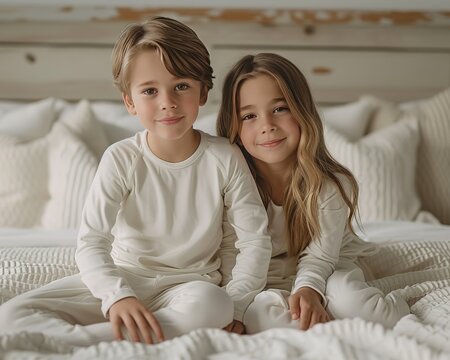 Portrait of a young boy and girl, siblings, dressed in matching cozy white outfits, sharing a joyful moment on a comfortable bed.