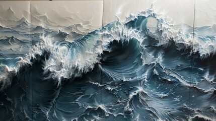 3D rendering of a rough sea with large, crashing waves.