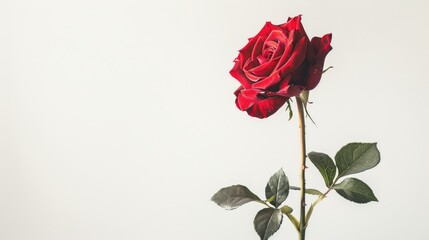 A vibrant red rose standing out against a clean white background