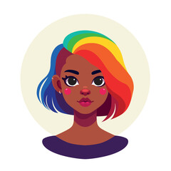 Portrait of an avatar of a girl with rainbow hair. Flat vector illustration