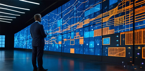 Business man monitor data by using artificial intelligence technology to manage localization in modren office