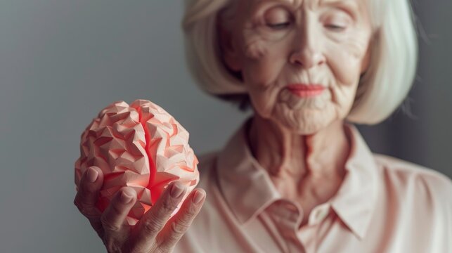 A senior woman holds a paper brain in her palm against a muted gray backdrop symbolizing awareness of various neurology and psychology concerns like Alzheimer s Parkinson s disease dementia 