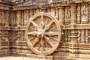 Big stone wheel of the Sun temple in Konark, Odisha, India, Asia