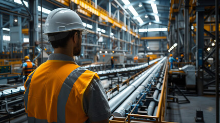 A male engineer in safety gear observes operations in a bustling industrial plant.