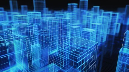 Line-based translucent graphics with street scenery buildings, smart city, future city,  city centre, downtown business  