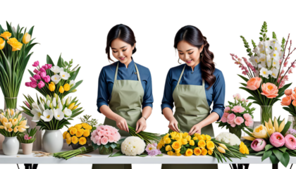 asian spring shop florist small bouquet creating woman banner illustration business flower wedding plant seller owner workshop floral rose creativity valentine retail working decoration arrangement