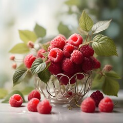 raspberries in a bowl with green leaves