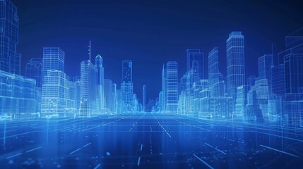 Fototapeta premium Line-based translucent graphics with street scenery buildings, smart city, future city, city centre, downtown business 