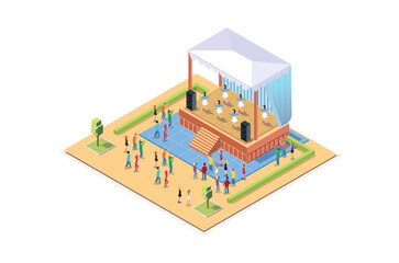 Illustration Music Festival Concept 3d Isometric View Concert Party Elements Landscape Background and Stage. Vector illustration of Musical Event