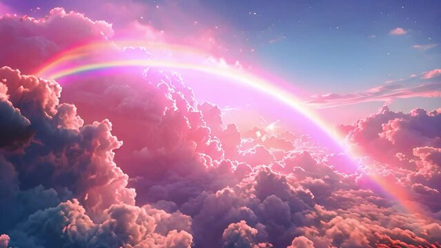 Rainbow and pink clouds. fantasy rainbow unicorn background with clouds. Pastel color sky. Magical landscape, abstract fabulous pattern. Cute candy wallpaper. 4k video Beauty