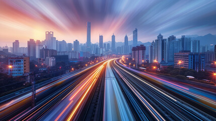 Long exposure shot of vibrant city traffic creating colorful light trails during twilight in a bustling metropolis.