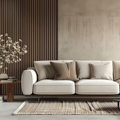 Showcase the elegance of modern minimalism in a living room interior adorned with a stylish and comfortable sofa, creating a serene and uncluttered space for relaxation