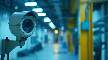 A security camera mounted in a well-lit industrial corridor, focusing on safety and surveillance.