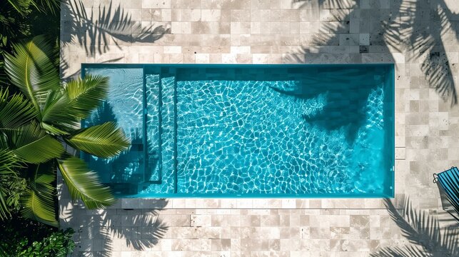 Blue water in rectangular pool ceramic tile surround palm trees shadows on sunny day