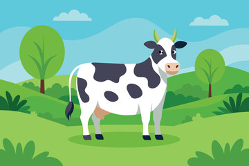 Cartoon cow standing in sunny, green countryside with trees and blue sky