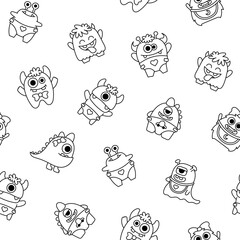 Obraz premium Cute kids monster. Seamless pattern. Coloring Page. Cartoon kawaii scary funny baby character. Hand drawn style. Vector drawing. Design ornaments.