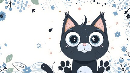 Adorable Cartoon Black Cat with Wide Eyed Curious Expression on Floral Background