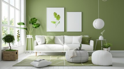 Tranquil Green Living Room with Elegant Decor, Ideal for Real Estate and Home Design Platforms