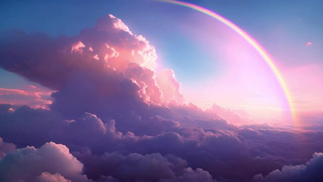Rainbow and pink clouds. fantasy rainbow unicorn background with clouds. Pastel color sky. Magical landscape, abstract fabulous pattern. Cute candy wallpaper. 4k video Beauty