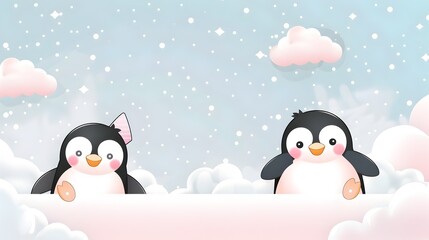 Adorable Cartoon Penguins Enjoying Snowy Winter Landscape