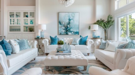 Elegant Blue Themed Living Room, Perfect for Stylish Interior Design and Home Decor Articles