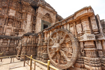 Big stone wheel of the Sun temple in Konark, Odisha, India, Asia