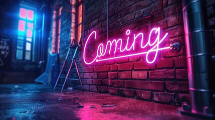 Vibrant Neon "Coming" Sign Illuminated on a Brick Wall