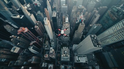 A drone flying high above skyscrapers, capturing stunning aerial views of the city below. 