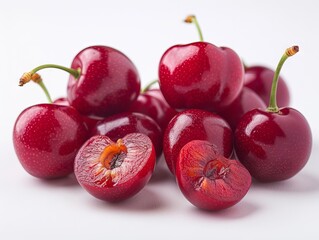 A group of cherries on a white background.