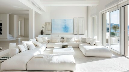 Spacious White Living Room with Elegant Design Elements, Perfect for Sophisticated Home Decor