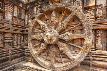 Big stone wheel of the Sun temple in Konark, Odisha, India, Asia